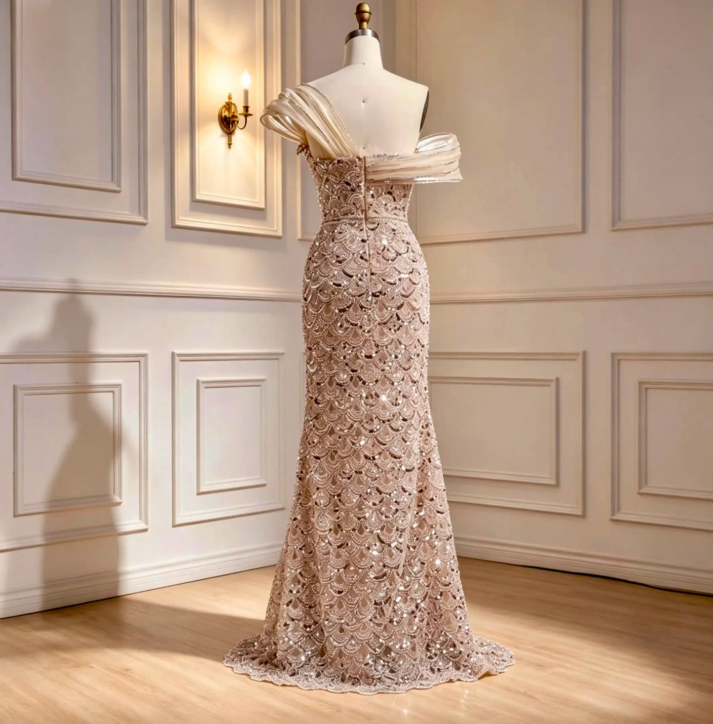Luxury Nude off-shoulder Mermaid Evening Dress