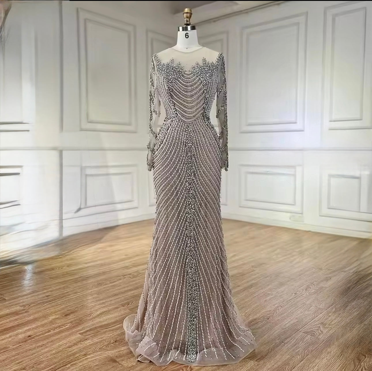 Glam Silver Nude Mermaid Dress with Crystal Beading