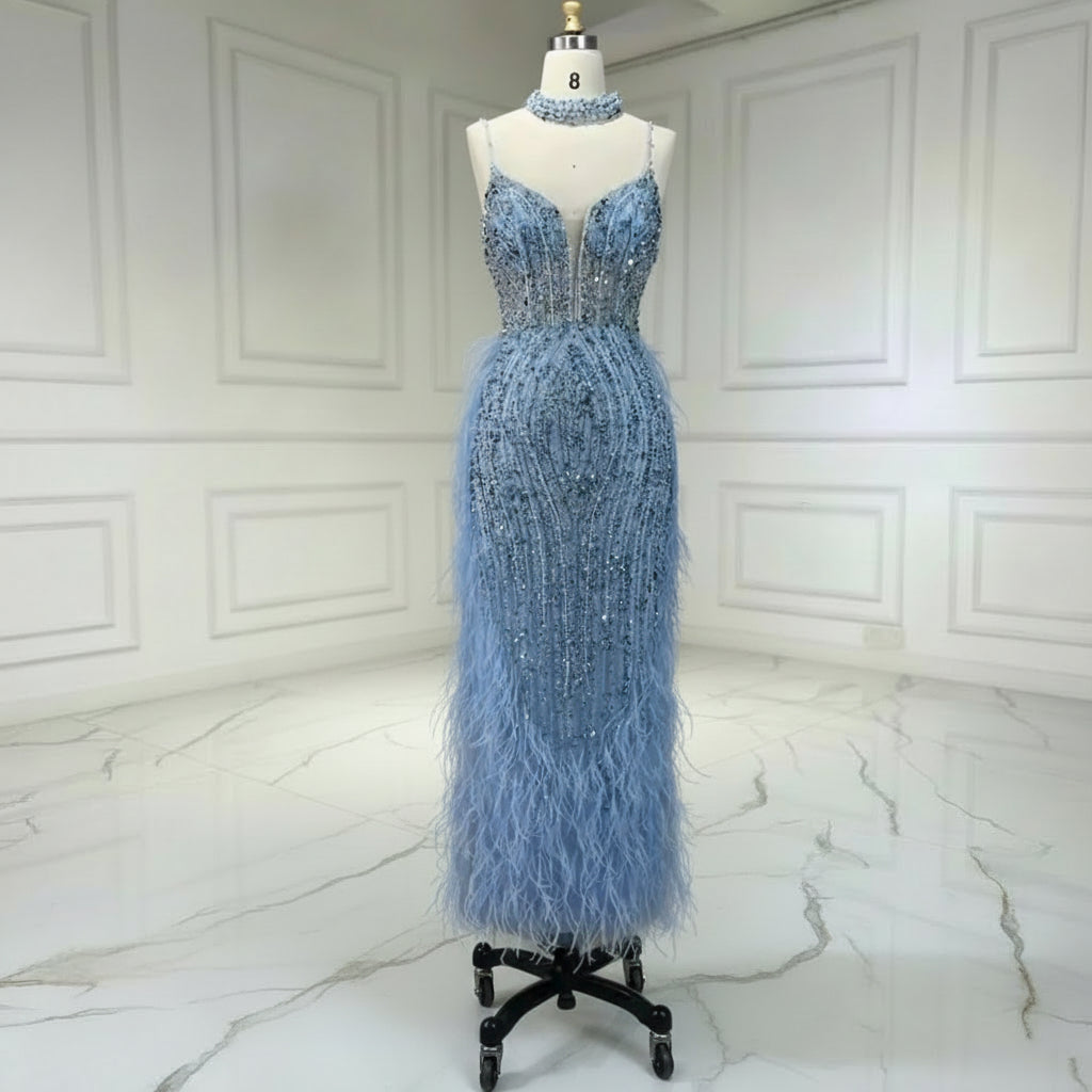 Luxury Nude White Feathered Sequin Evening Dress