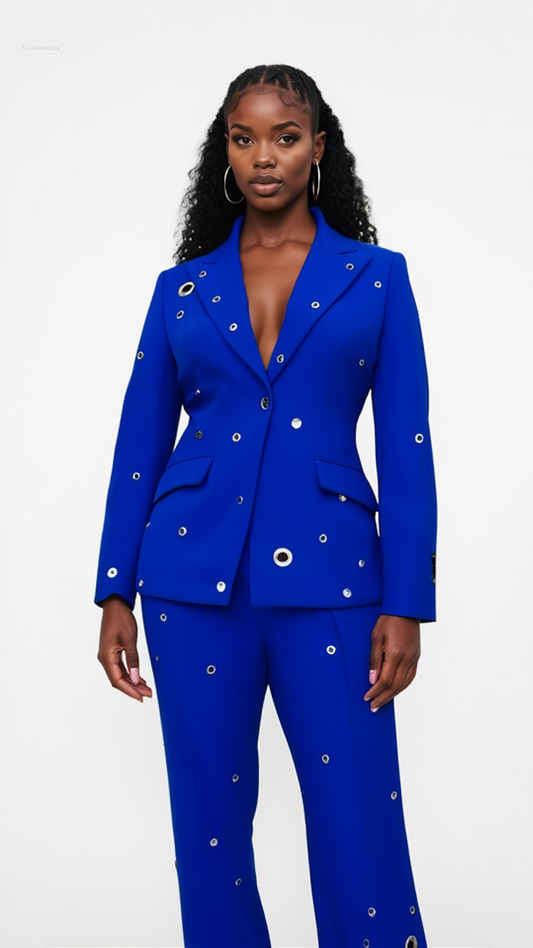 Statement blazer with rivet and metal-hole detailing, matched with elegant flared trousers