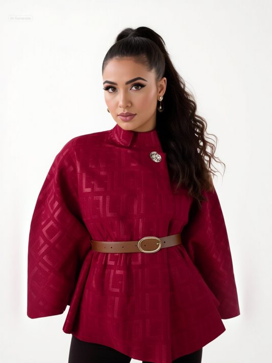 Elegant Belted Cape Coat with Print