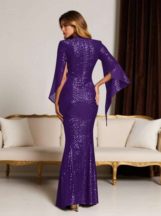 Round-neck sequin dress accented with flowing cape sleeves