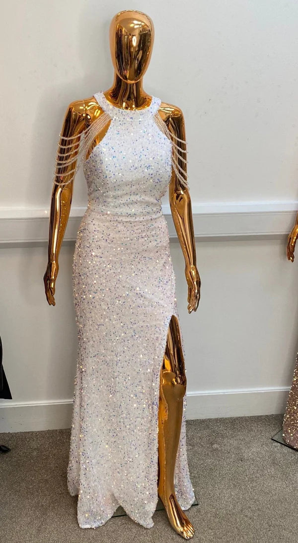 Bead sleeve front slit party dress