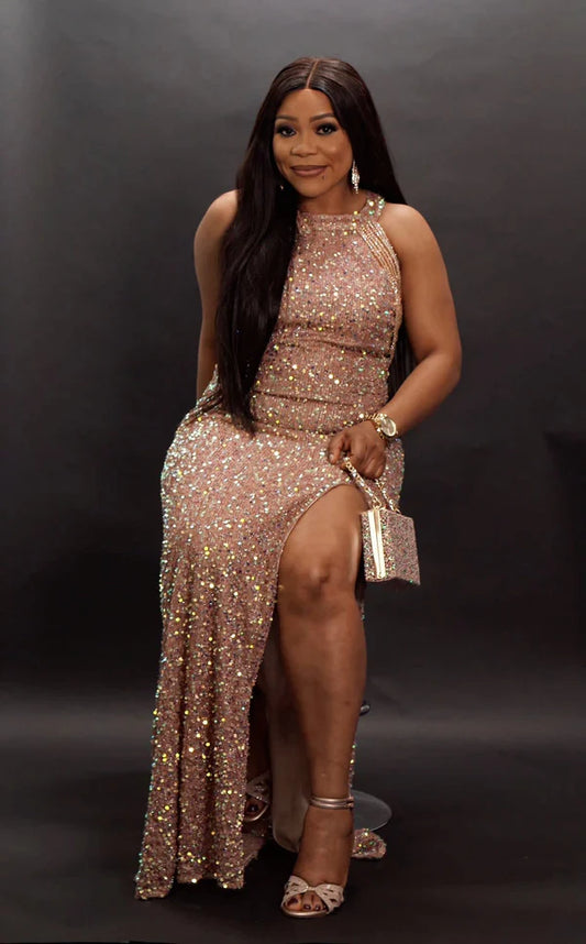 Bead sleeve front slit party dress