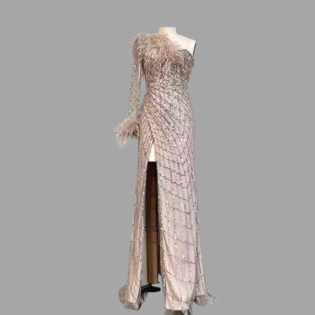 Beaded feathers one shoulder dress