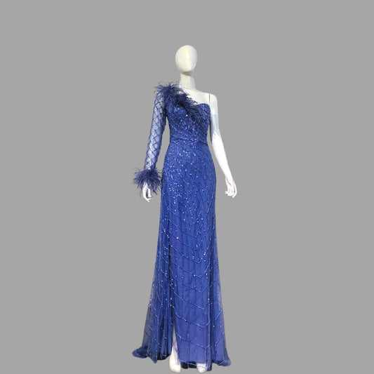 Beaded feathers one shoulder dress