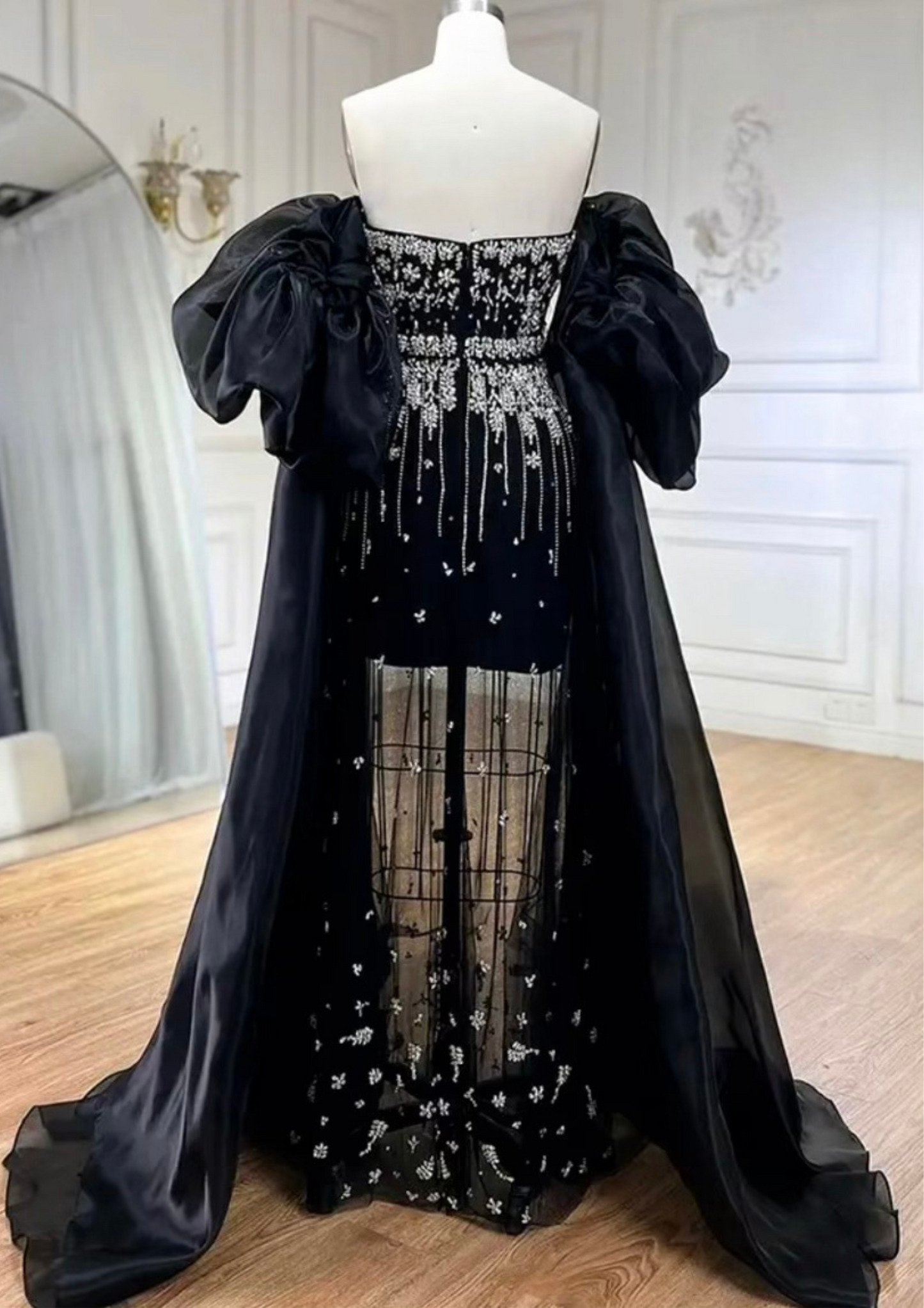 Black Mermaid Beaded Puff Sleeves Overskirt Dress/Gown