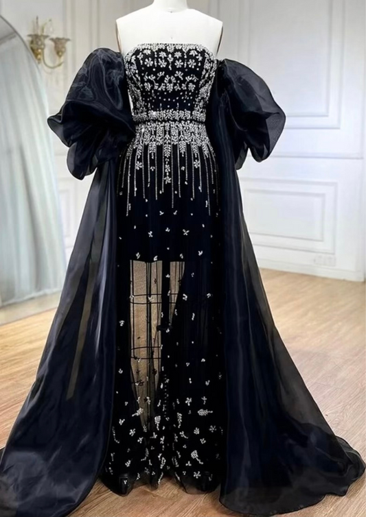 Black Mermaid Beaded Puff Sleeves Overskirt Dress/Gown