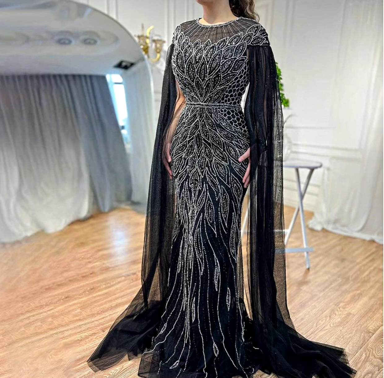 Drop Sleeve Embellished Beaded Dress