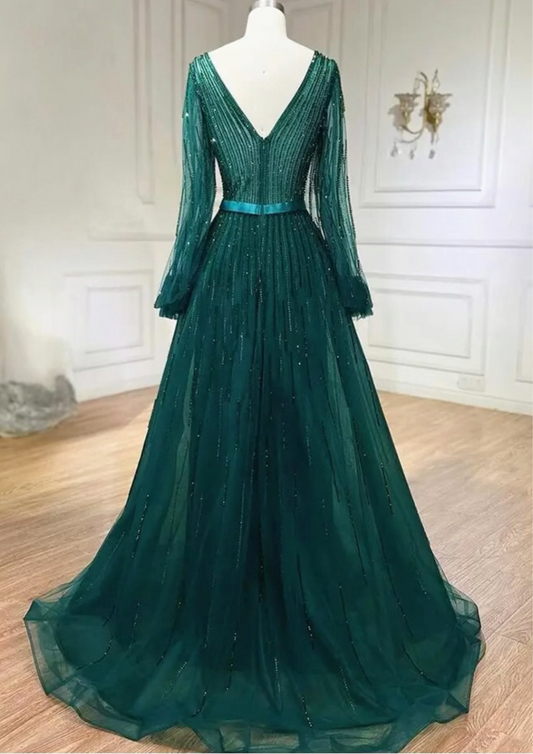 Elegant Emerald Green Long Sleeve Evening Dress