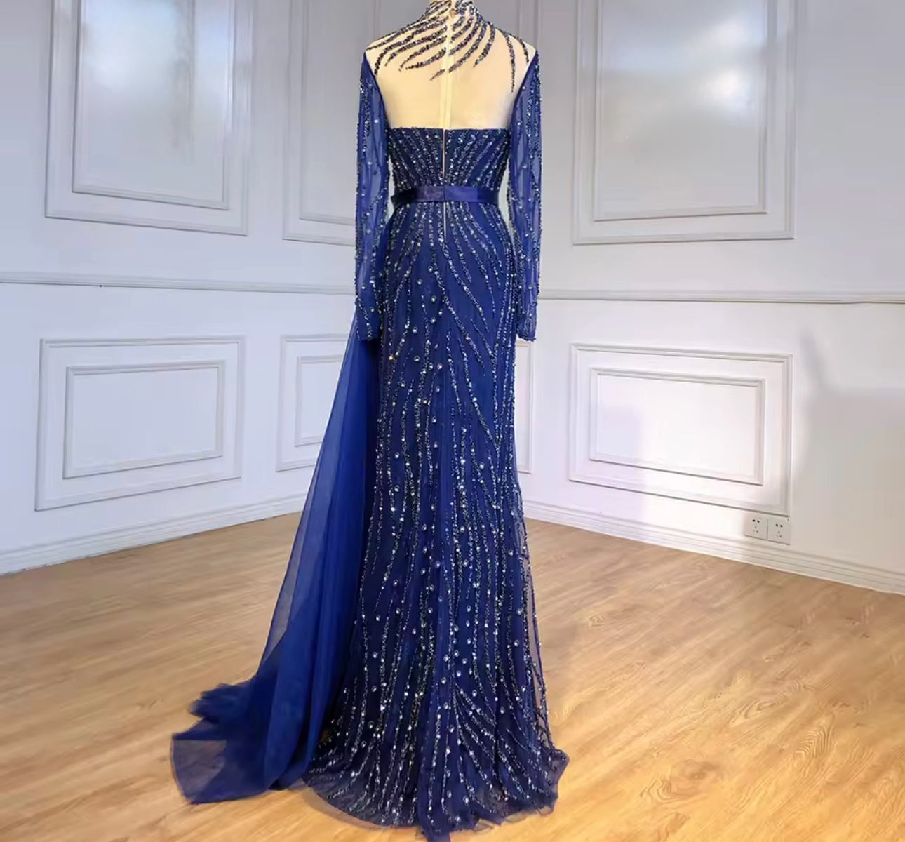 Regal Navy Crystal-Embroidered Dress