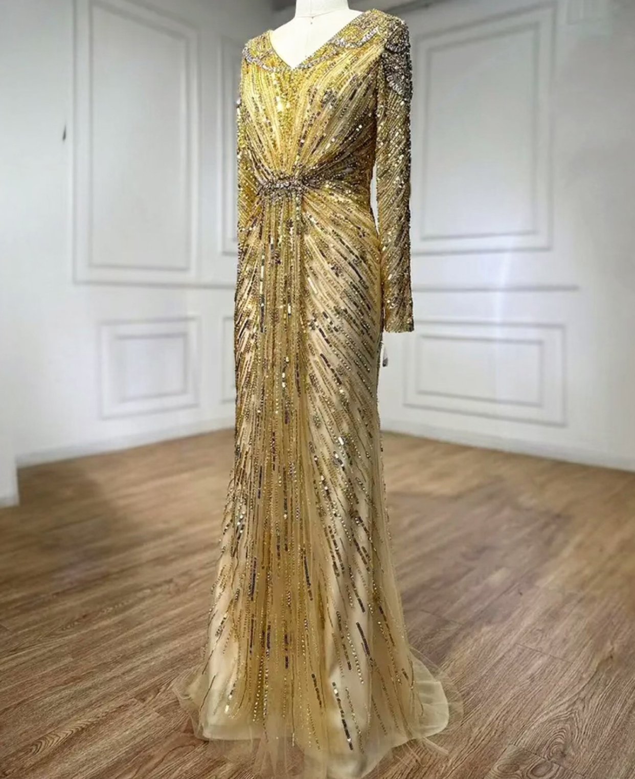 Gold Elegant Embellished V-Neck Dress