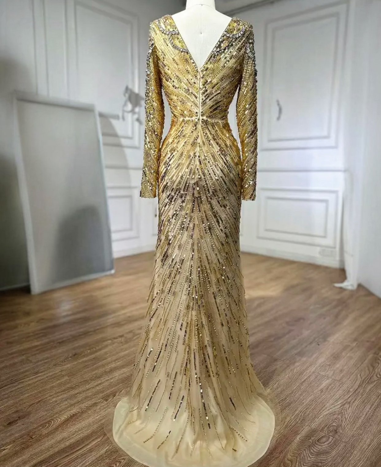 Gold Elegant Embellished V-Neck Dress