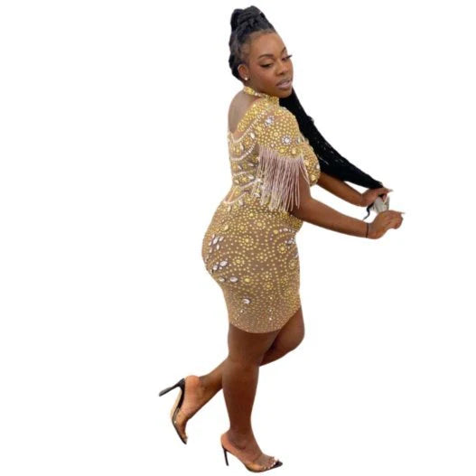 Gold Rhinestones Fringe Mesh Dress