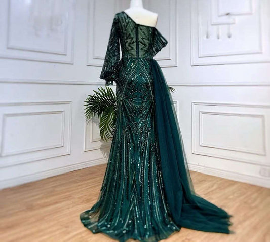 Green One Shoulder Puff Party Dress