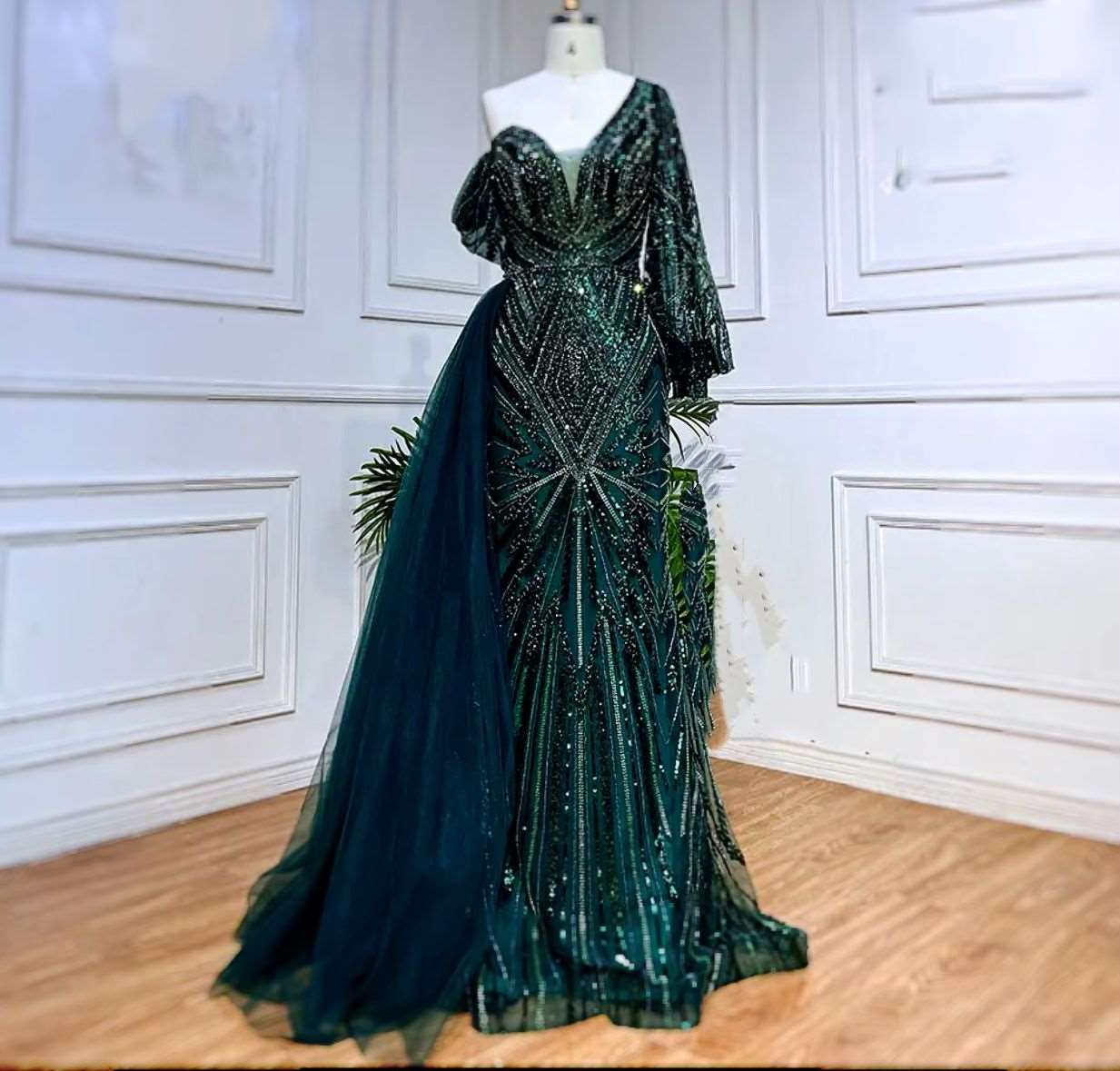 Green One Shoulder Puff Party Dress