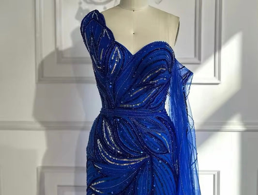 One Shoulder Beaded Mermaid Evening Dress