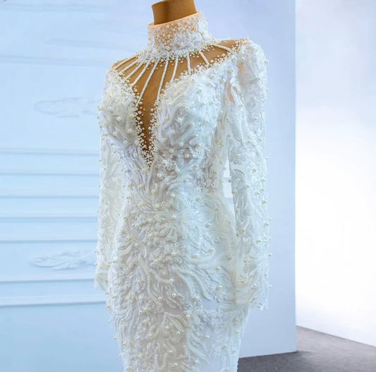 Lace beaded high neck wedding dress