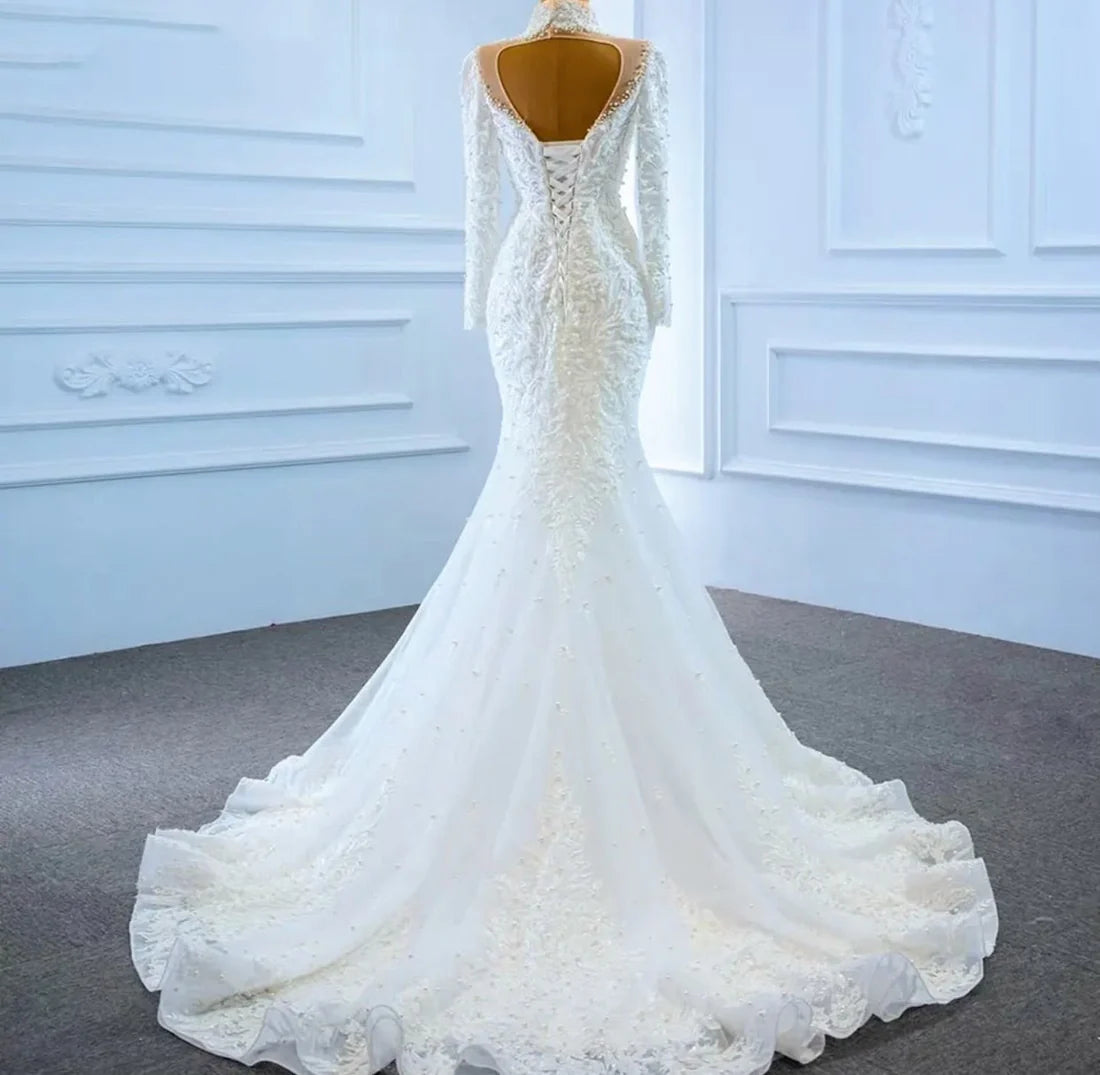 Lace beaded high neck wedding dress