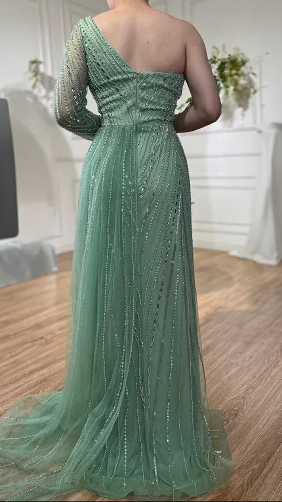 Green Heavily Beaded Evening Dress