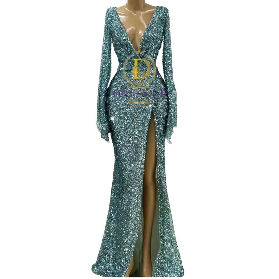 Long Sleeves V Neck Side Slit Party Dress