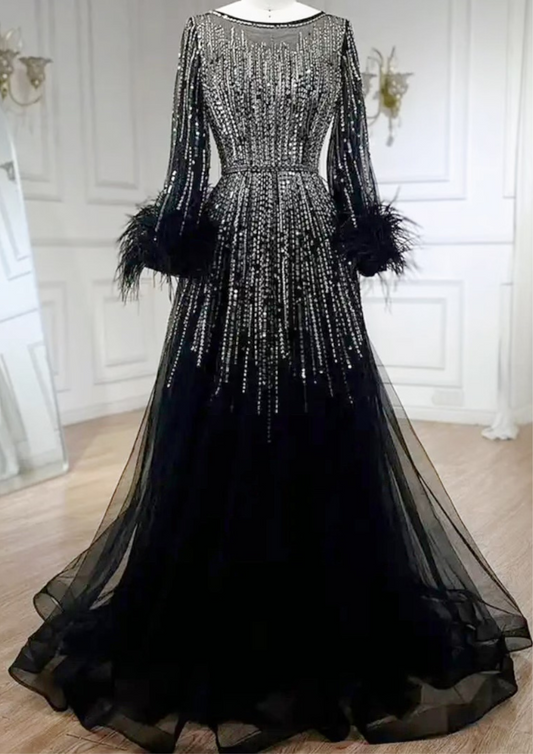 Luxury Feathers Black Dubai Evening Dress