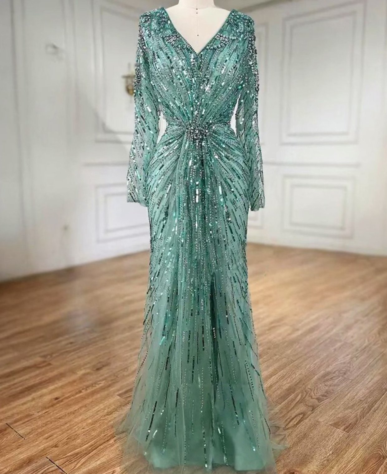 Mint Elegant Embellished V-Neck Dress