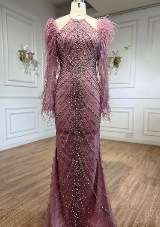 Pink Emberllished Feather Sleeve