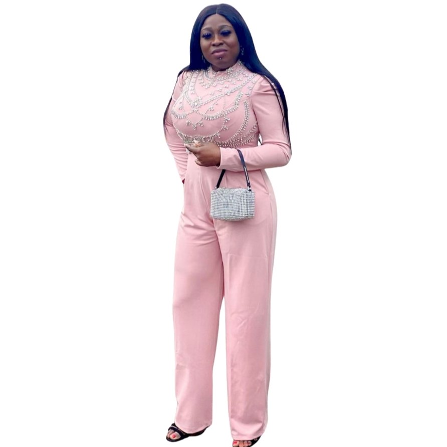 Pink Long Sleeves High Collar Diamond Jumpsuit