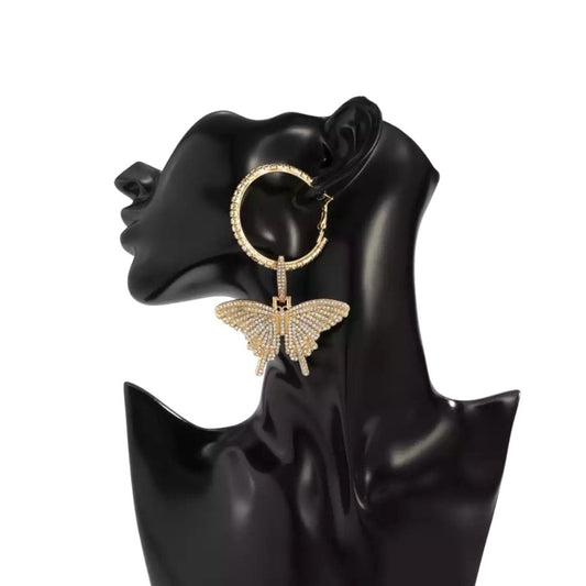 Rhinestone Big Butterfly Pendant Hoop Earrings