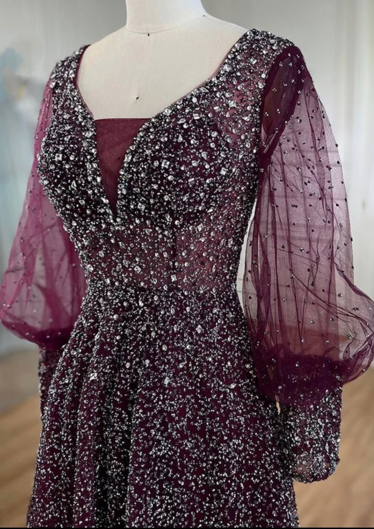 Silver Stone Wine Mesh Sleeve Dress