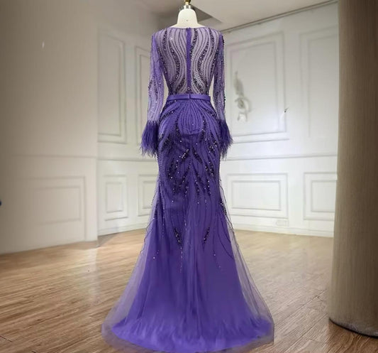 Sleeve feathers see though beaded dress