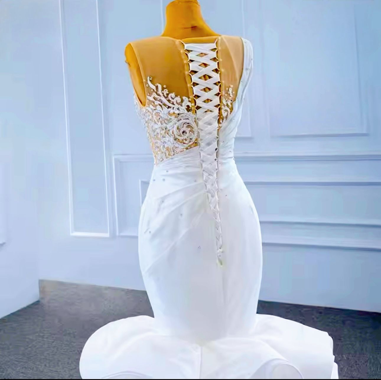 Bridal stone see through ruffle wedding dress