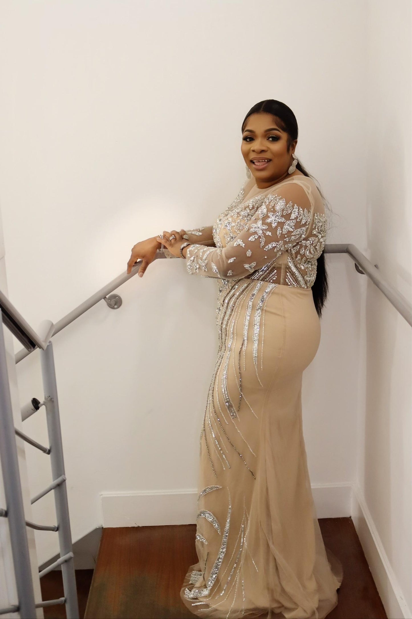 Nude Beaded Overskirt Mermaid Dress