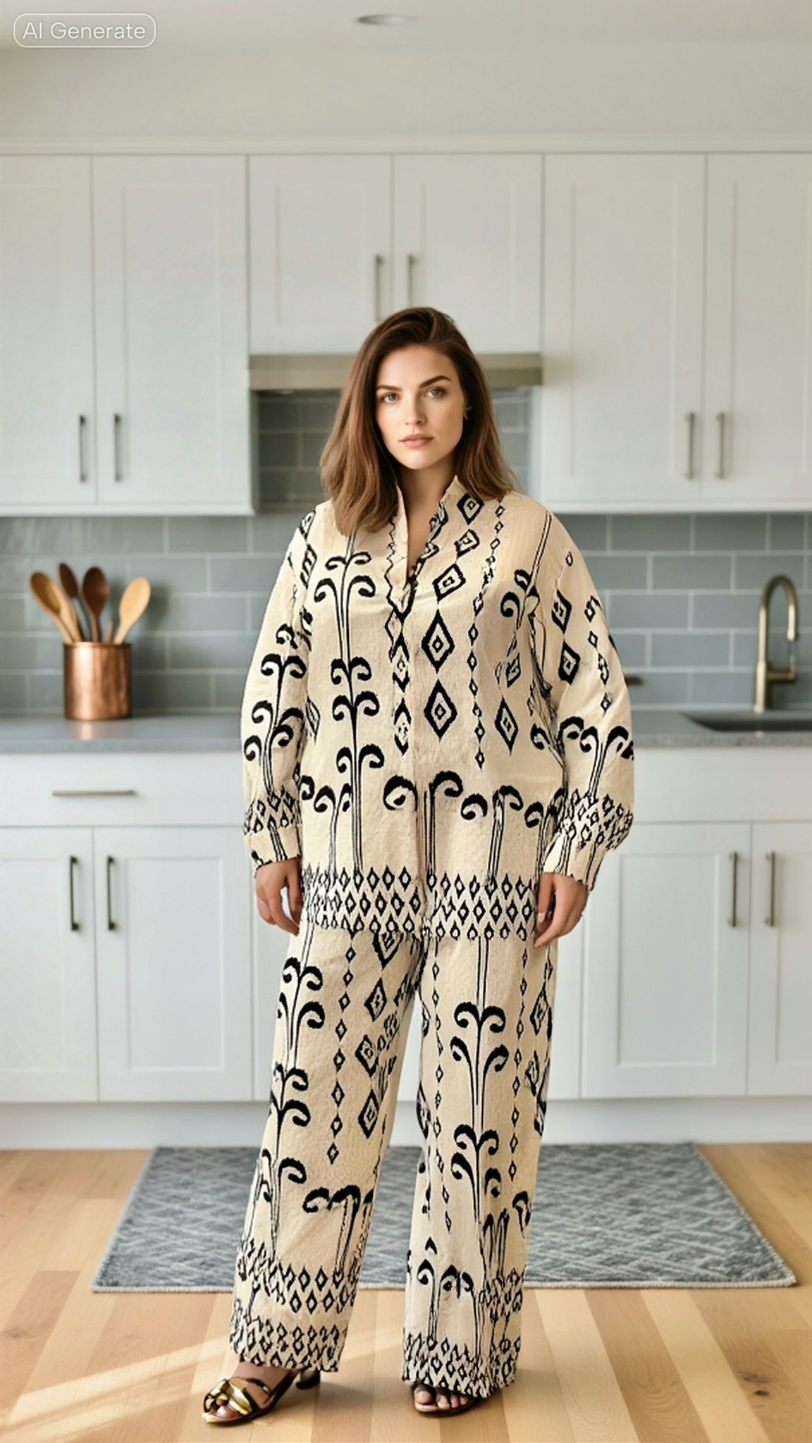 Boho Print Lounge Set – Button-Down Top and Wide-Leg Pants