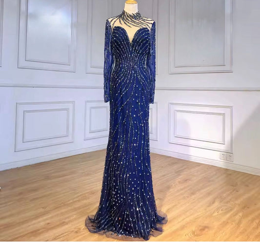 Regal Navy Crystal-Embroidered Dress