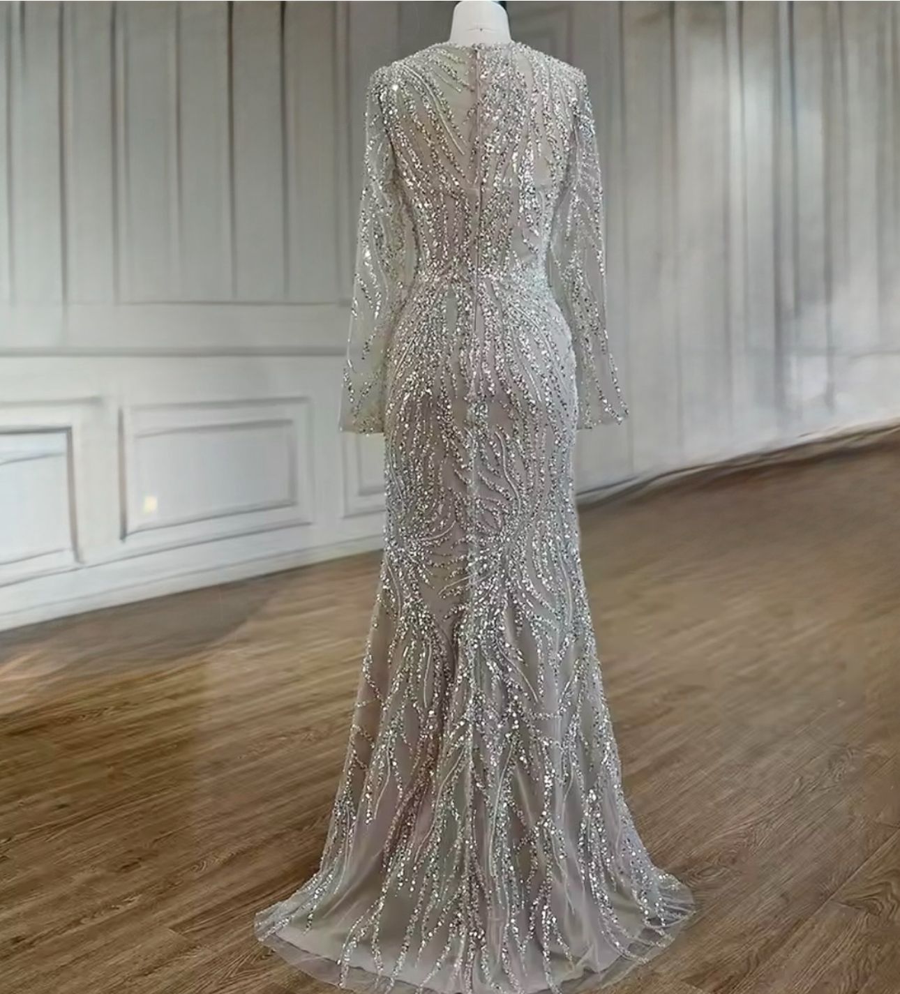 Silver Beaded Long Sleeve Evening Dress