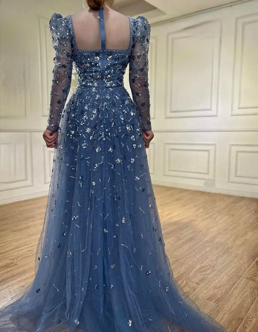 Blue Heavily Embellished Beaded Evening Dress
