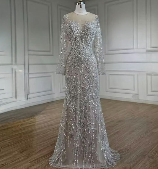 Silver Beaded Long Sleeve Evening Dress