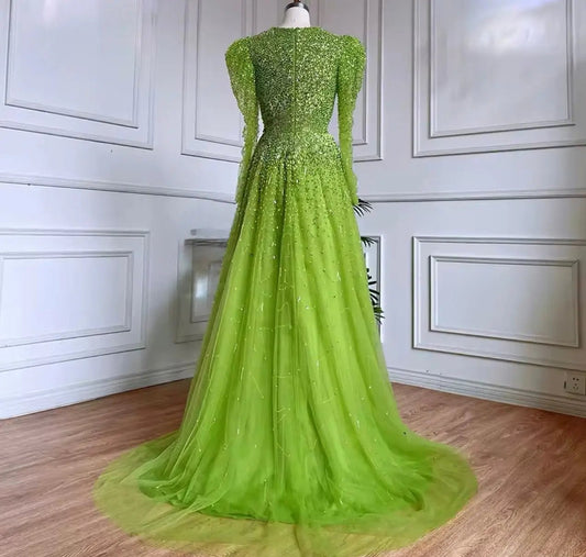 Beaded Green Long - Sleeve Special Occasion Gown - dressupaccessories