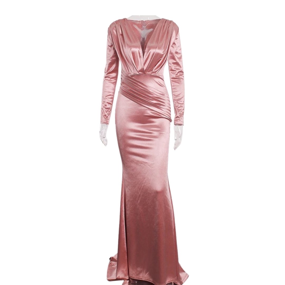 Deep V - neck Long Sleeve Pleated Satin Dress - dressupaccessoriesP1040S