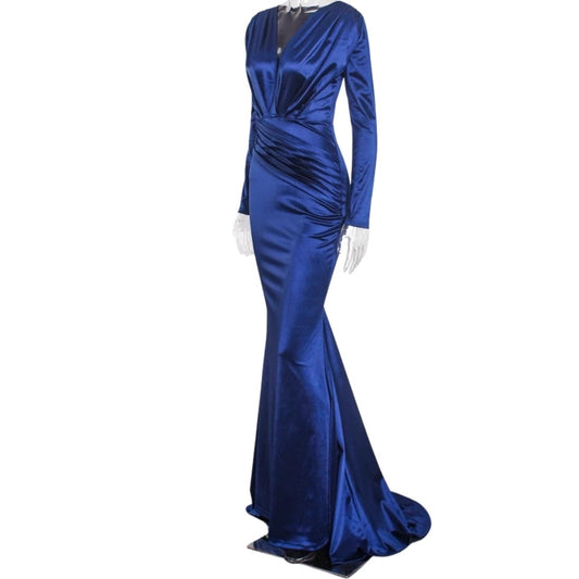 Deep V - neck Long Sleeve Pleated Satin Dress - dressupaccessoriesP1040S