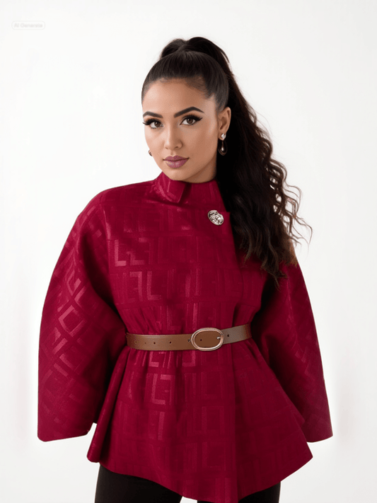 Elegant Belted Cape Coat with Print - dressupaccessories