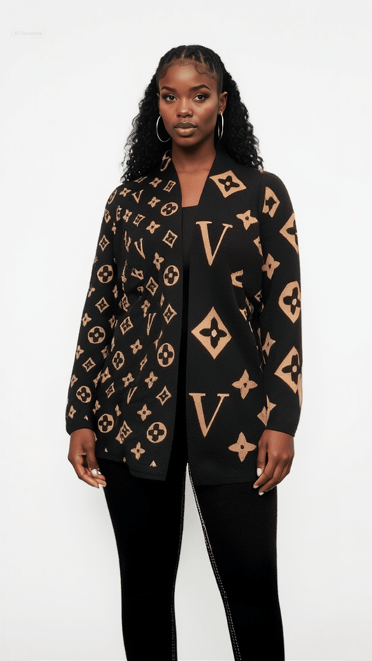 Elegantly knitted blazer with artistic shape and letter prints - dressupaccessories