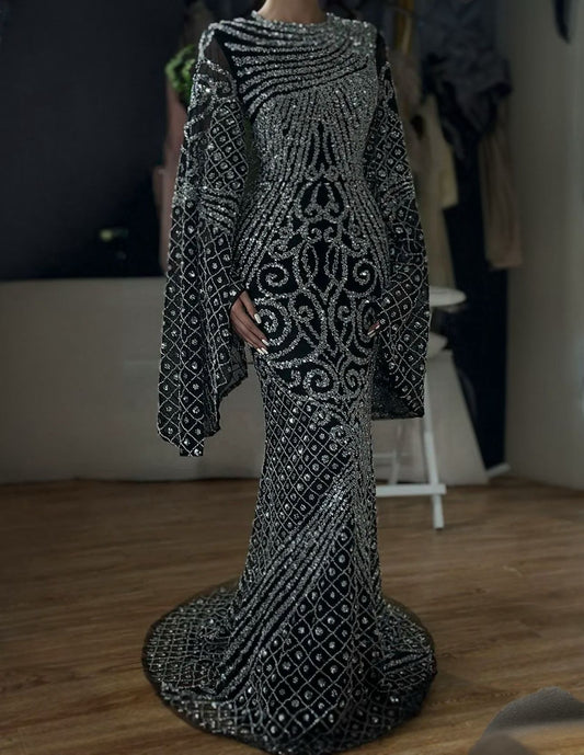 Flared sleeve full beaded party dress - dressupaccessories