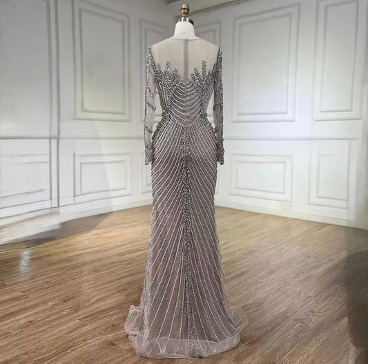 Glam Silver Nude Mermaid Dress with Crystal Beading - dressupaccessories