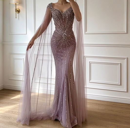 Lilac Crystal Mermaid Embellished Evening Dress - dressupaccessories