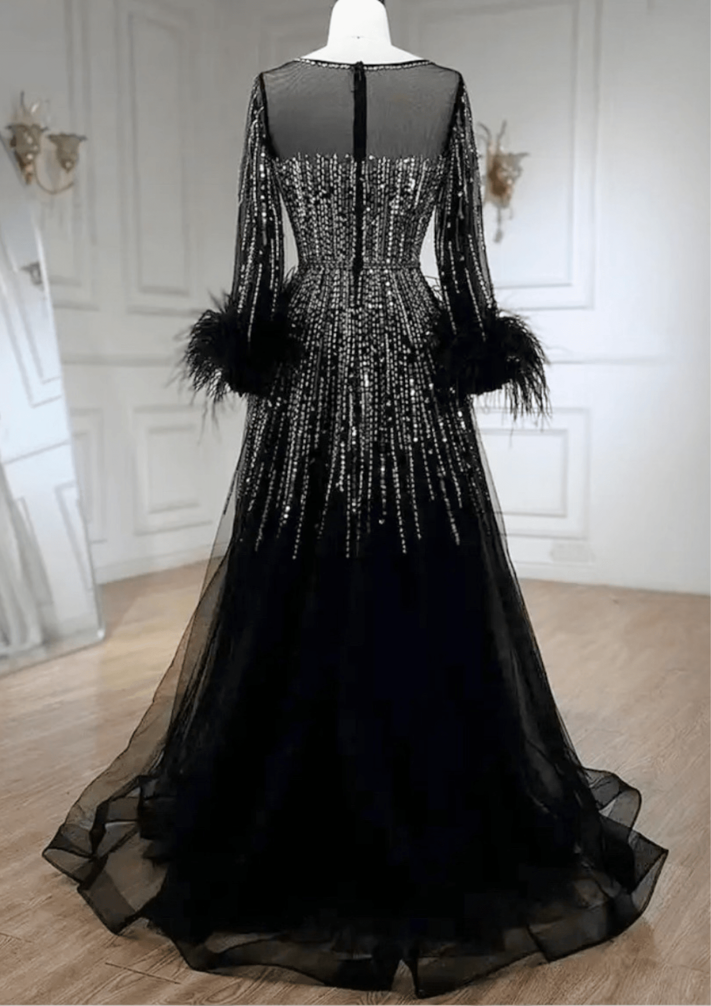 Luxury Feathers Black Dubai Evening Dress - dressupaccessories