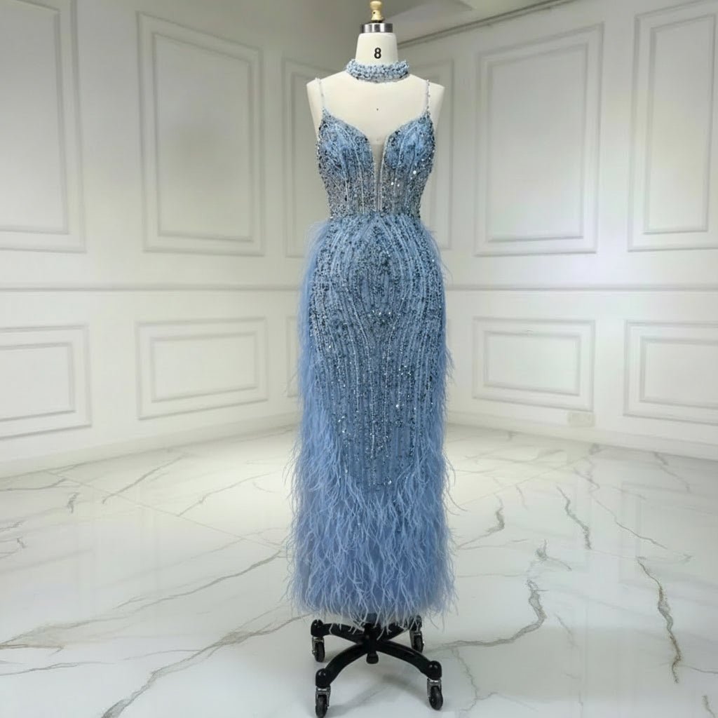 Luxury Nude White Feathered Sequin Evening Dress - dressupaccessories