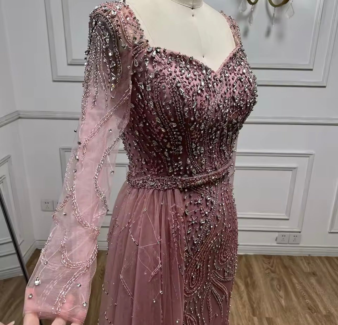 Luxury Rose Sequin Long - Sleeve Evening Gown - dressupaccessories